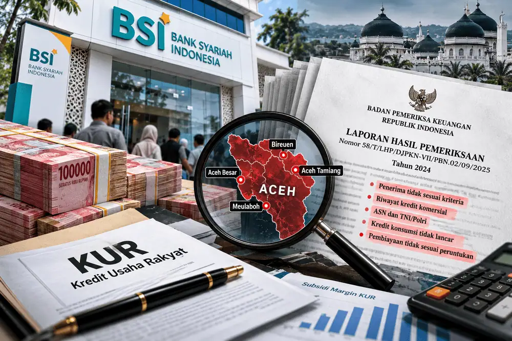 Ilustrasi penyaluran Kredit Usaha Rakyat (KUR) Bank Syariah Indonesia. Hasil pengelompokan data lampiran pemeriksaan BPK RI Tahun 2024 mengidentifikasi 1.953 entri pembiayaan di Aceh yang berkaitan dengan subsidi margin senilai Rp8,55 miliar dan ketidaksesuaian kriteria penerima. Foto: Ilustrasi/INFONUSANTARA.ID.