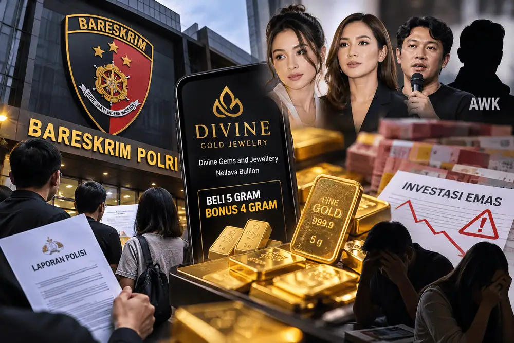 Ilustrasi dugaan penipuan perdagangan emas yang menyeret PT Divine Gold Jewelry ke Bareskrim Polri. Puluhan konsumen melaporkan dugaan penipuan, penggelapan, dan tindak pidana pencucian uang (TPPU) dengan nilai kerugian yang diklaim mencapai Rp25 miliar.
