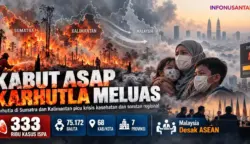 Ilustrasi kabut asap akibat kebakaran hutan dan lahan (karhutla) yang melanda Sumatra dan Kalimantan. Kementerian Kesehatan mencatat 333.470 kasus ISPA di wilayah terdampak hingga 21 Oktober 2026, sementara Malaysia mendorong pembahasan pencemaran udara lintas batas dalam pertemuan ASEAN. Foto: Ilustrasi.