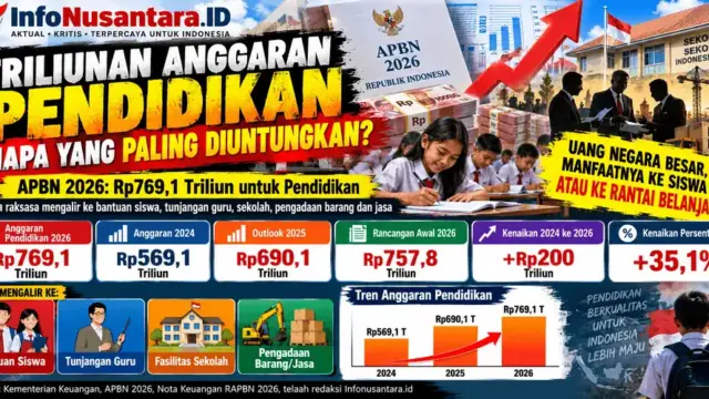 Anggaran pendidikan nasional dalam APBN 2026 mencapai Rp769,1 triliun, meningkat dari Rp569,1 triliun pada 2024 dan outlook Rp690,1 triliun pada 2025. Besarnya alokasi dana negara tersebut menjadi sorotan terkait transparansi pengelolaan, penyaluran bantuan siswa, kesejahteraan guru, pembangunan fasilitas sekolah, hingga pengadaan barang dan jasa. Pertanyaan utama mengemuka: sejauh mana ratusan triliun rupiah anggaran pendidikan benar-benar memberikan manfaat bagi peserta didik dan masyarakat? (Ilustrasi/Infografis: Infonusantara.id)