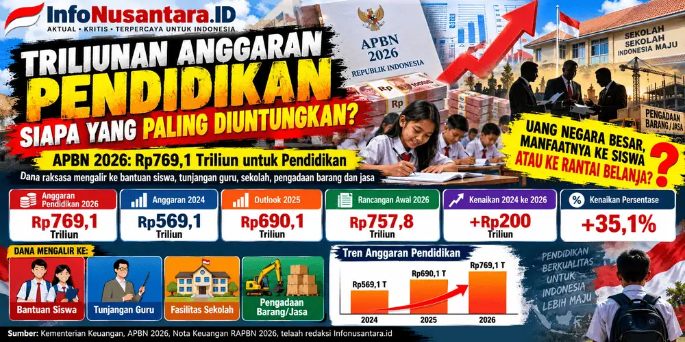 Anggaran pendidikan nasional dalam APBN 2026 mencapai Rp769,1 triliun, meningkat dari Rp569,1 triliun pada 2024 dan outlook Rp690,1 triliun pada 2025. Besarnya alokasi dana negara tersebut menjadi sorotan terkait transparansi pengelolaan, penyaluran bantuan siswa, kesejahteraan guru, pembangunan fasilitas sekolah, hingga pengadaan barang dan jasa. Pertanyaan utama mengemuka: sejauh mana ratusan triliun rupiah anggaran pendidikan benar-benar memberikan manfaat bagi peserta didik dan masyarakat? (Ilustrasi/Infografis: Infonusantara.id)