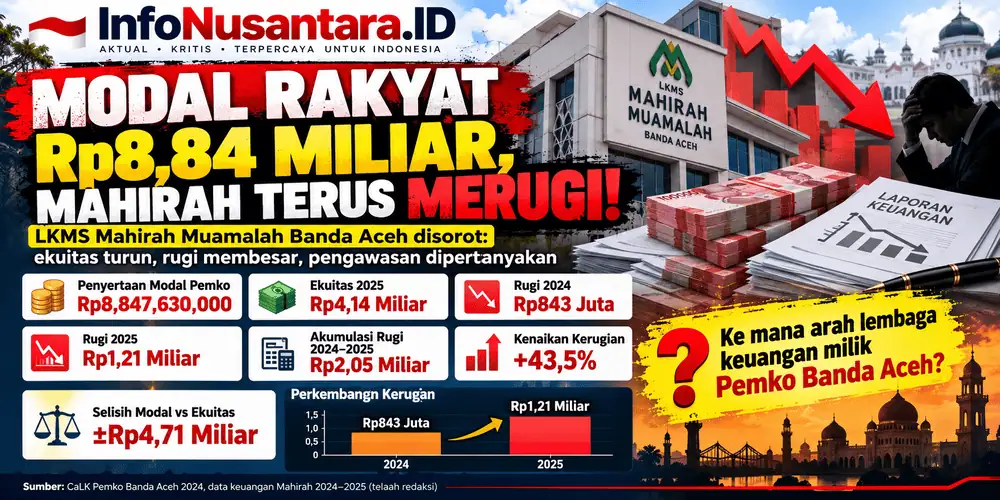 ILUSTRASI: Kondisi keuangan LKMS Mahirah Muamalah milik Pemerintah Kota Banda Aceh menjadi sorotan setelah mencatat kerugian sekitar Rp843 juta pada 2024 dan meningkat menjadi Rp1,21 miliar pada 2025. Dengan penyertaan modal daerah tercatat Rp8,84 miliar dan ekuitas 2025 sekitar Rp4,14 miliar, transparansi pengelolaan dana publik, efektivitas pengawasan, serta keberlanjutan lembaga pembiayaan bagi masyarakat kecil menjadi perhatian. Data berdasarkan bahan telaah redaksi yang masih memerlukan verifikasi terhadap laporan keuangan audited lengkap. (Infografis: Infonusantara.id)
